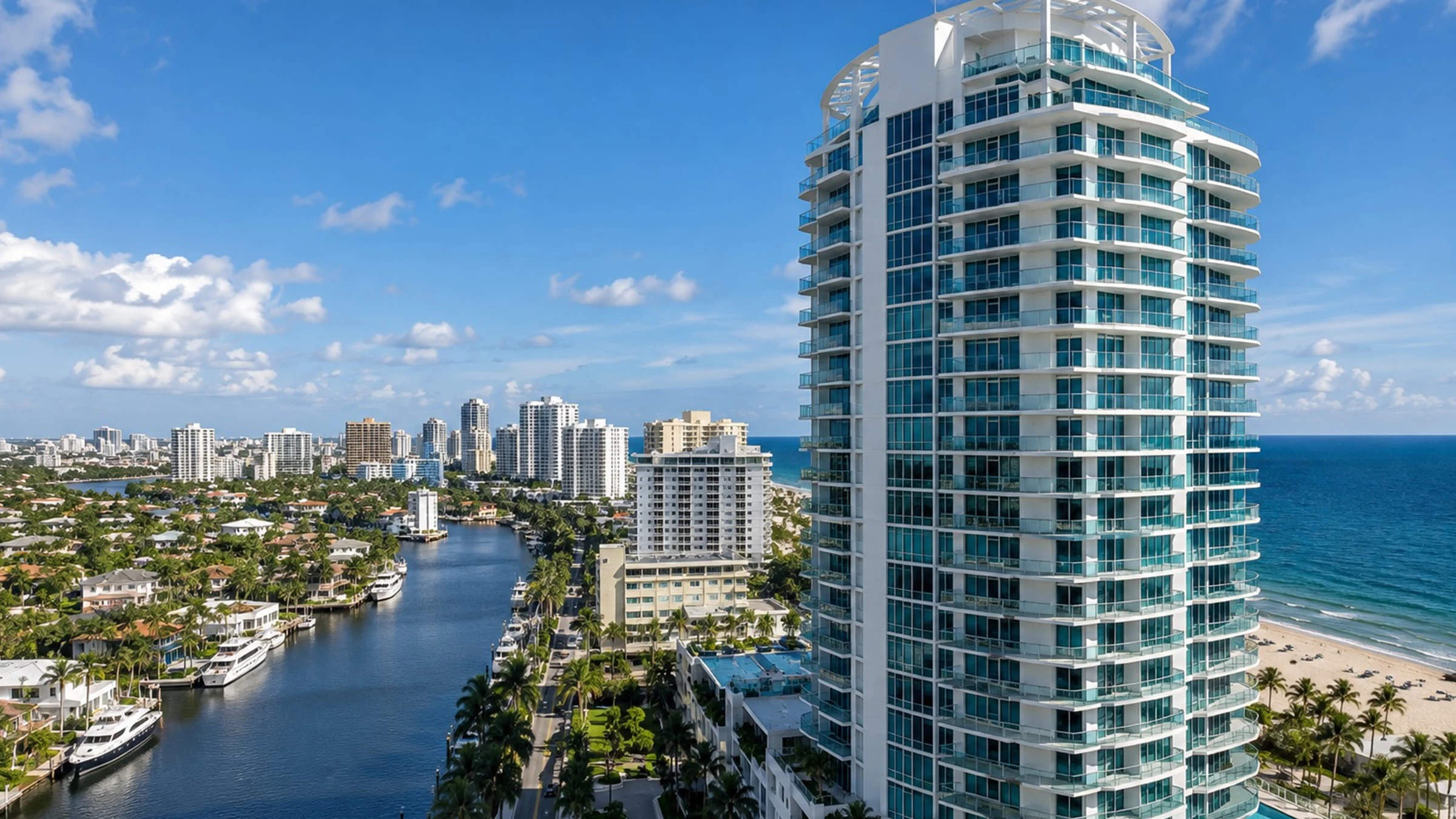 Aerial view of a Fort Lauderdale high-rise condo tower between the Intracoastal Waterway and the beach.