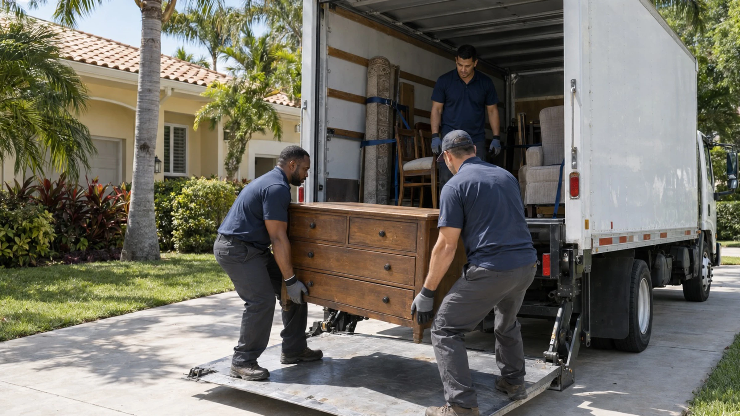 Three-person crew lifting a wooden dresser onto the lift gate of a box truck outside a tile-roofed house.