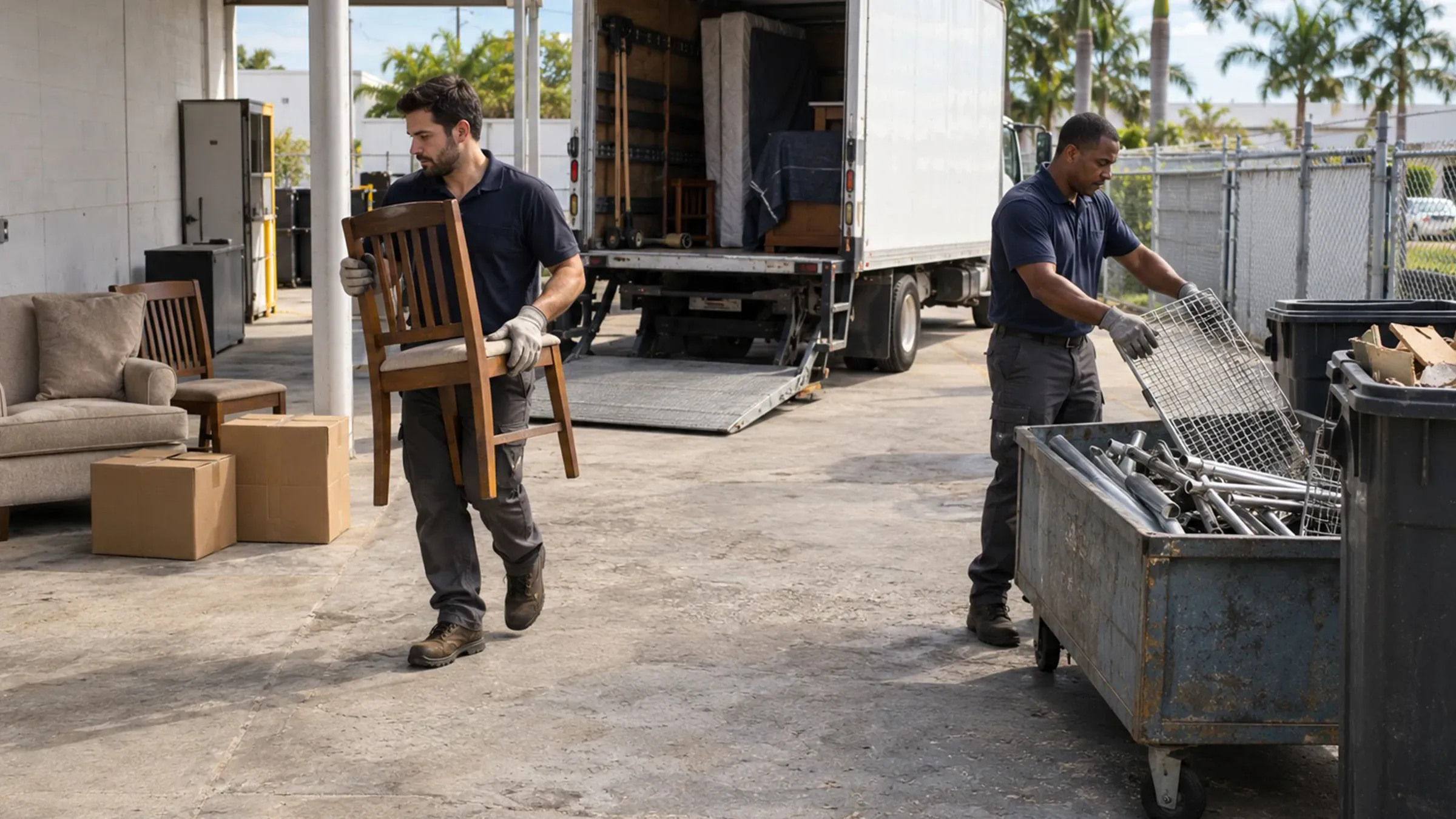 One worker carrying a wooden chair toward a truck while another loads scrap metal into a bin, sorting reusable items from recycling.
