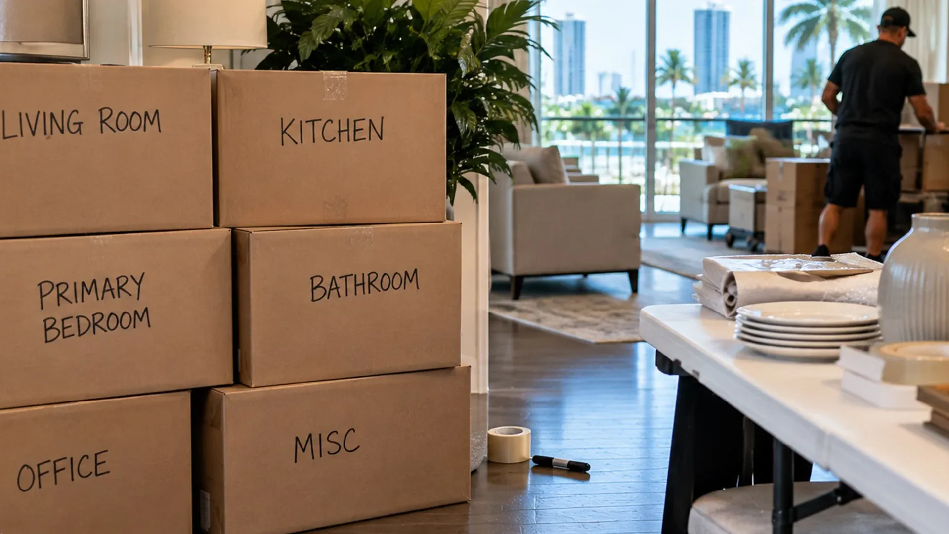 Moving boxes labelled Living Room, Kitchen, Primary Bedroom and Office stacked in a condo with a skyline view.
